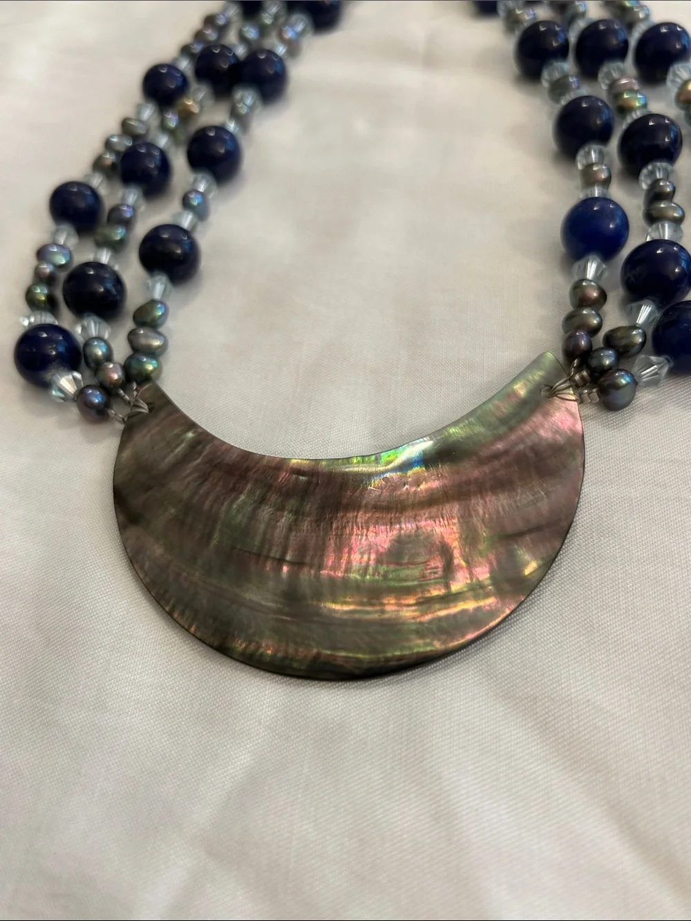 Multi-Strand Lapis Lazuli, Peacock Pearl Bead Necklace with Abalone Pendant